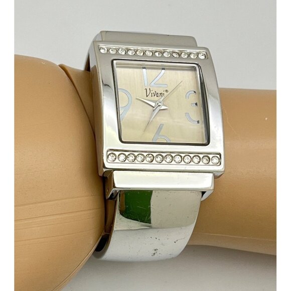 Vivani Womens Silver Tone Cuff Watch Bracelet Bangle Rhinestone Accents - Picture 8 of 8